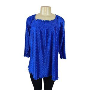Magic It Fits Womens Blue Pleated 3/4 Sleeve Blouse